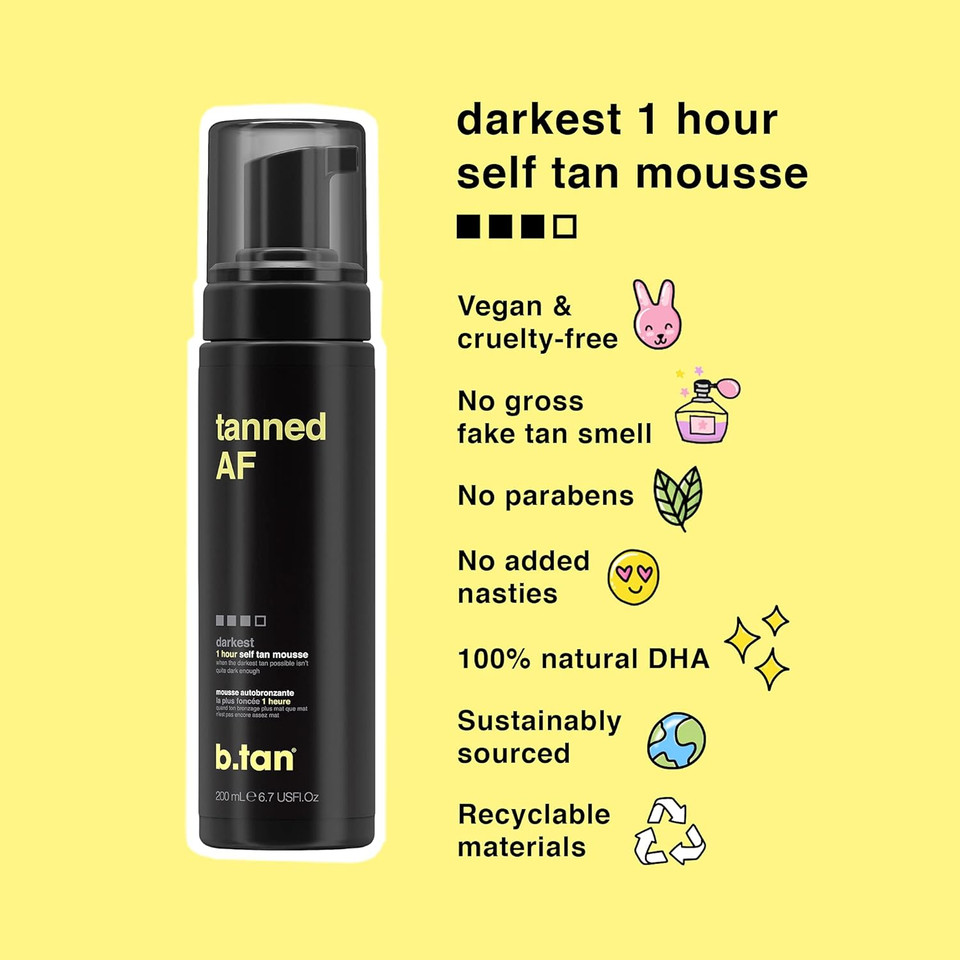 B.Tan Dark Self Tanner Mini Kit | Tanned Travel Bundle - Mini Dark Self Tanner Mousse W Self Tanning Mitt Applicator, 1 Hour Sunless Tanner, Fast Self Tan, Vegan, Cruelty Free, 3 Fl Oz