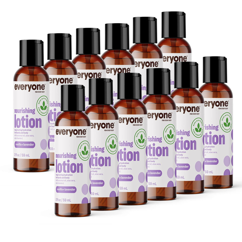 Everyone Nourishing Hand And Body Lotion, Travel Size, 2 Ounce (Pack Of 12), Vanilla And Lavender, Plant-Based Lotion With Pure Essential Oils, Coconut Oil, Aloe Vera And Vitamin E
