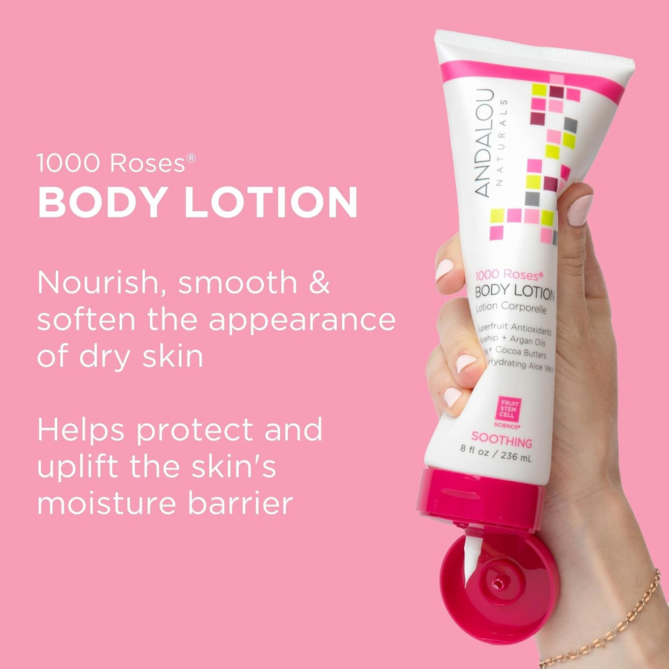 Andalou Naturals 1000 Roses Soothing Body Lotion, With Cocoa + Shea Butter, Aloe & Rosehip, Hydrating Sensitive Skin Lotion For Dry Skin, 8 Fl. Oz