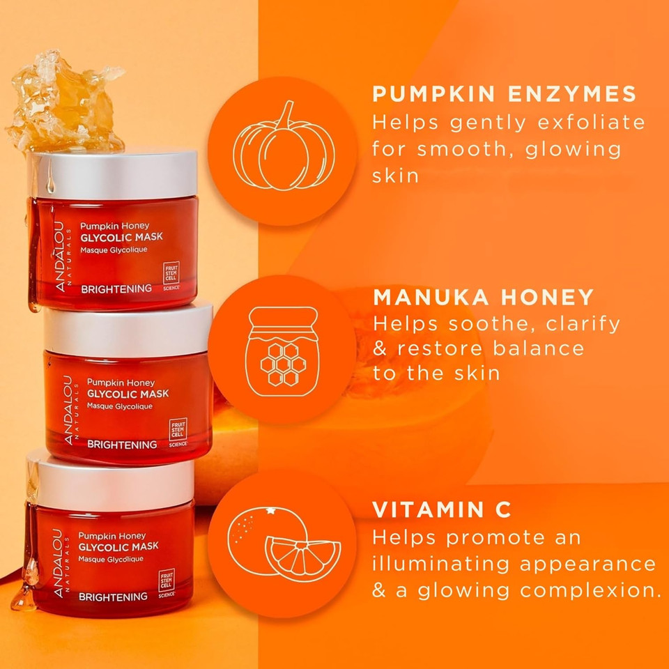 Andalou Naturals Pumpkin Honey Glycolic Mask, Brightening & Exfoliating Face Mask With Glycolic Acid & Vitamin C, Gently Removes Dirt And Brightens Skin, 1.7 Fl Oz