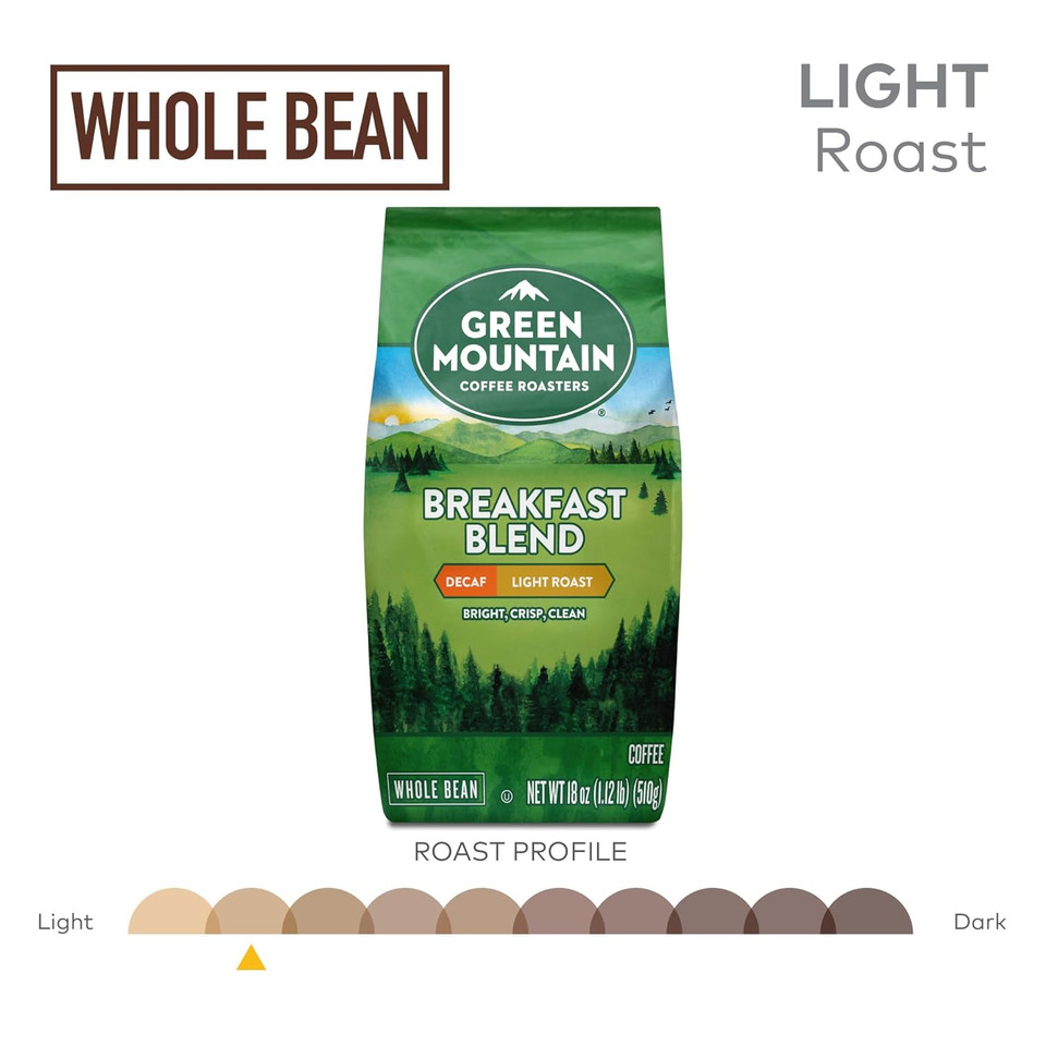 Green Mountain Coffee Roasters Breakfast Blend Decaf, Whole Bean Coffee, Bagged 18 Oz