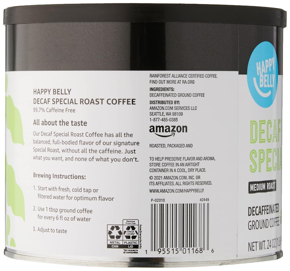 Amazon Brand - Happy Belly Decaf Canister Ground Coffee, Medium Roast, 1.5 Pound (Pack Of 1)