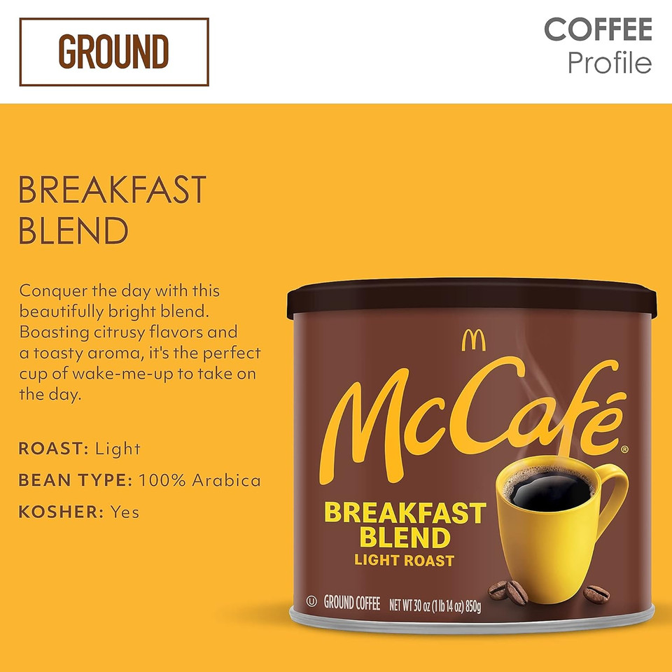 Mccafe Breakfast Blend, Light Roast Ground Coffee, 30 Oz Canister