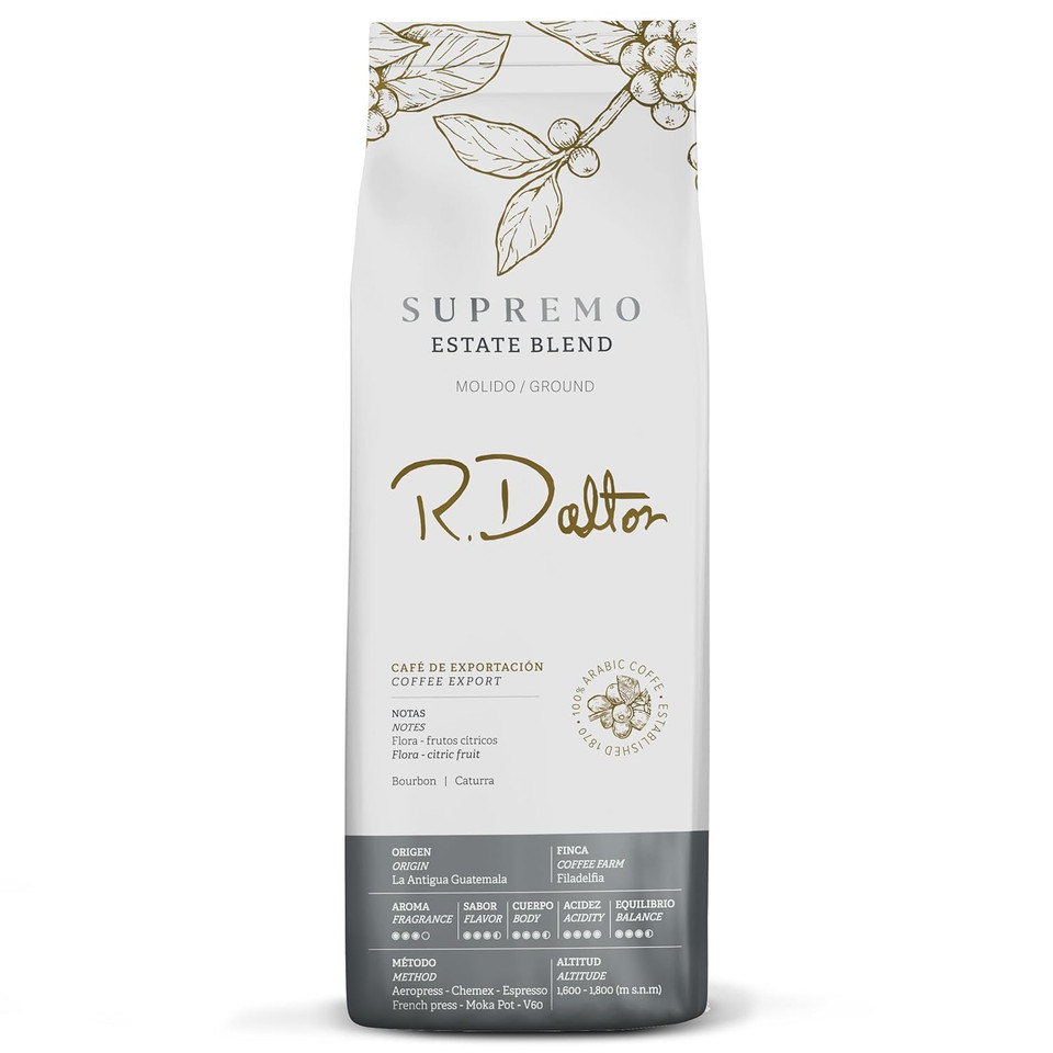 R. Dalton Coffee Supremo Estate Blend Ground Coffee - Medium Roast - 12 Oz - Flora And Citric Fruit Notes - Fragrant Aroma - Versatile Brewing - From Antigua Guatemala