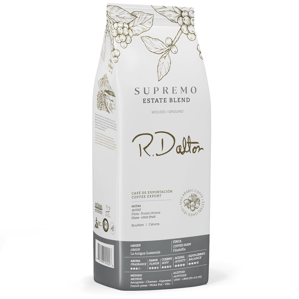 R. Dalton Coffee Supremo Estate Blend Ground Coffee - Medium Roast - 12 Oz - Flora And Citric Fruit Notes - Fragrant Aroma - Versatile Brewing - From Antigua Guatemala