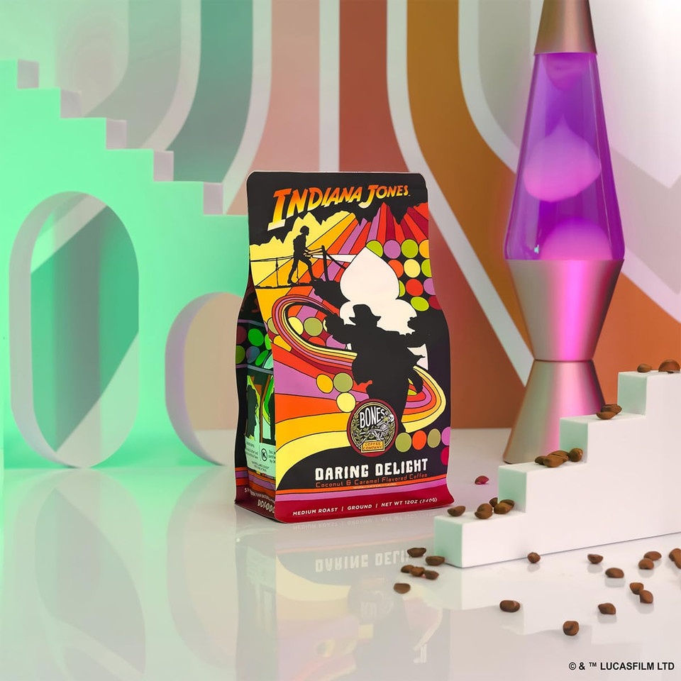 Bones Coffee Company Daring Delight Ground Coffee Beans Coconut & Caramel Flavor | 12 Oz Flavored Coffee Gifts Low Acid Gourmet Coffee Beverages Inspired By Disney'S Indiana Jones (Ground)