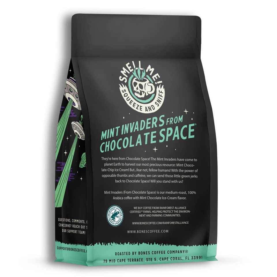Bones Coffee Company Mint Invaders Ground Coffee Beans Mint Chocolate Chip Flavor | 12 Oz Flavored Coffee Gifts | Low Acid Medium Roast Coffee Beverages (Ground)