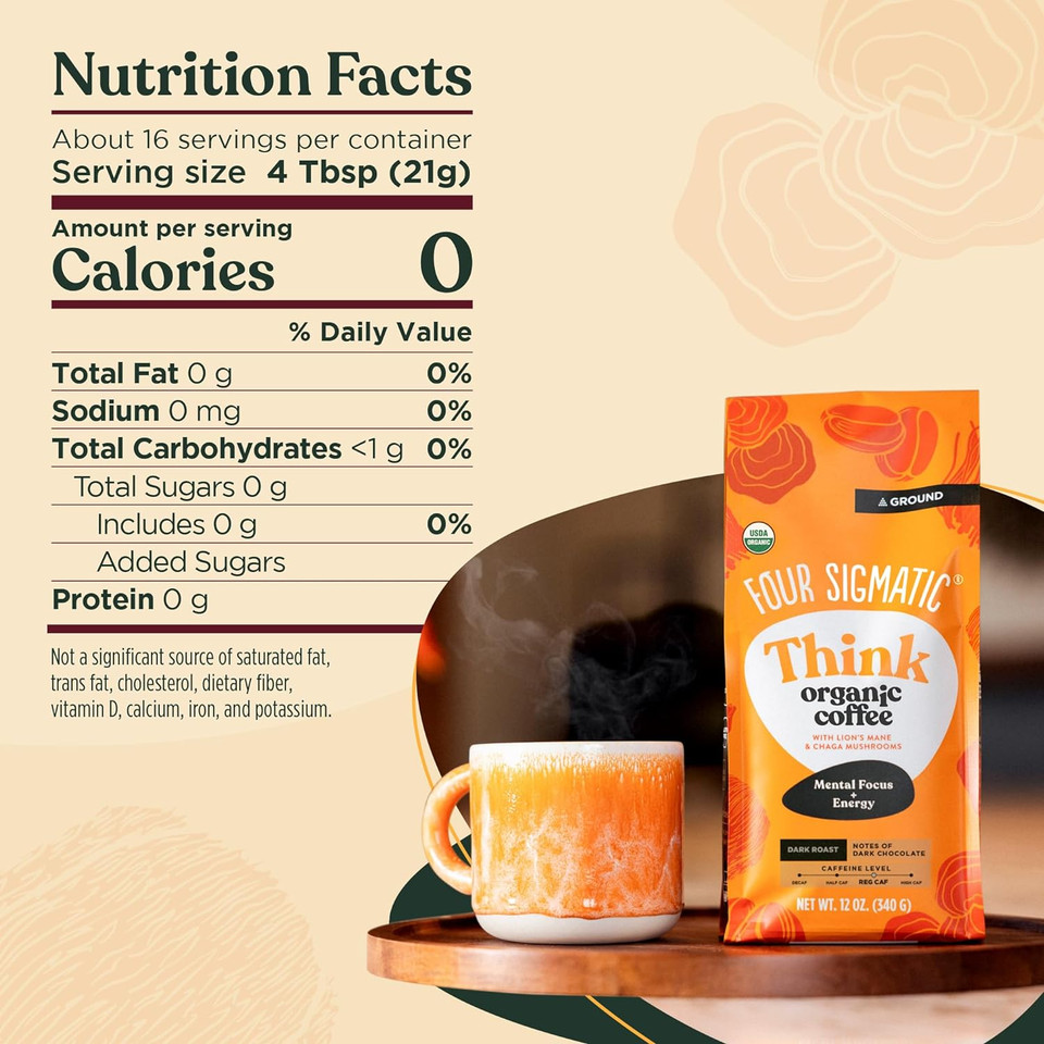 Four Sigmatic Think Mushroom Coffee | Organic Ground Coffee With Lion'S Mane Mushroom And Chaga Mushroom | 12Oz Bag
