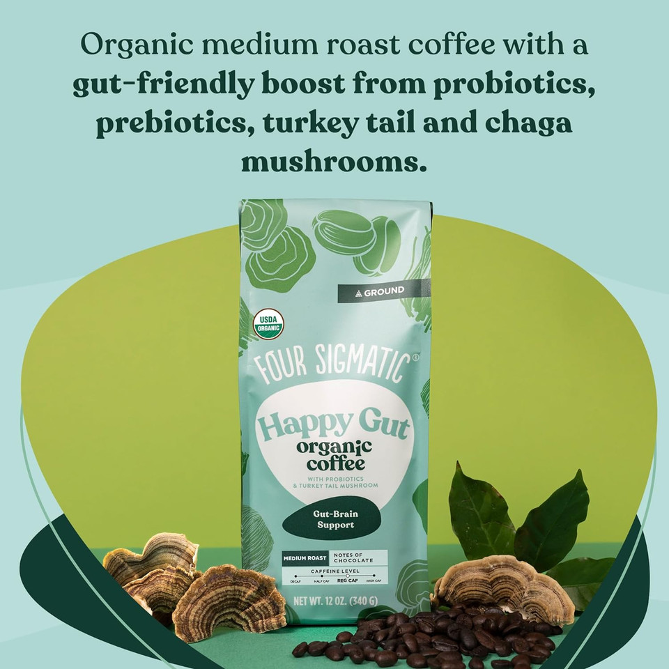 Four Sigmatic Happy Gut Organic Ground Coffee | Medium Roast Fair Trade Gourmet Coffee With Chaga & Turkey Tail | Immune Boosting, Probiotic Mushroom Coffee For Gut Health & Immune Support | 12Oz Bag