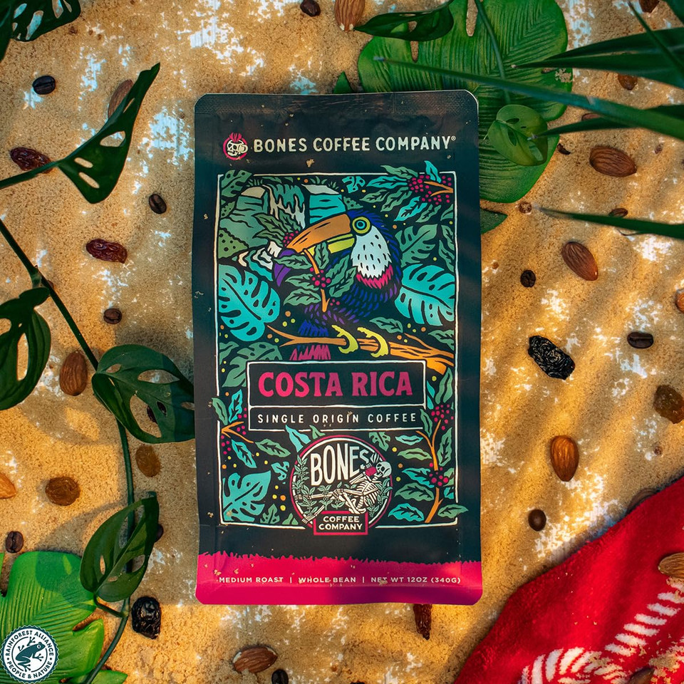 Bones Coffee Company Costa Rica Single-Origin Ground Coffee Beans | 12 Oz Medium Roast Low Acid Coffee Arabica Beans | Coffee Gifts & Beverages (Ground)