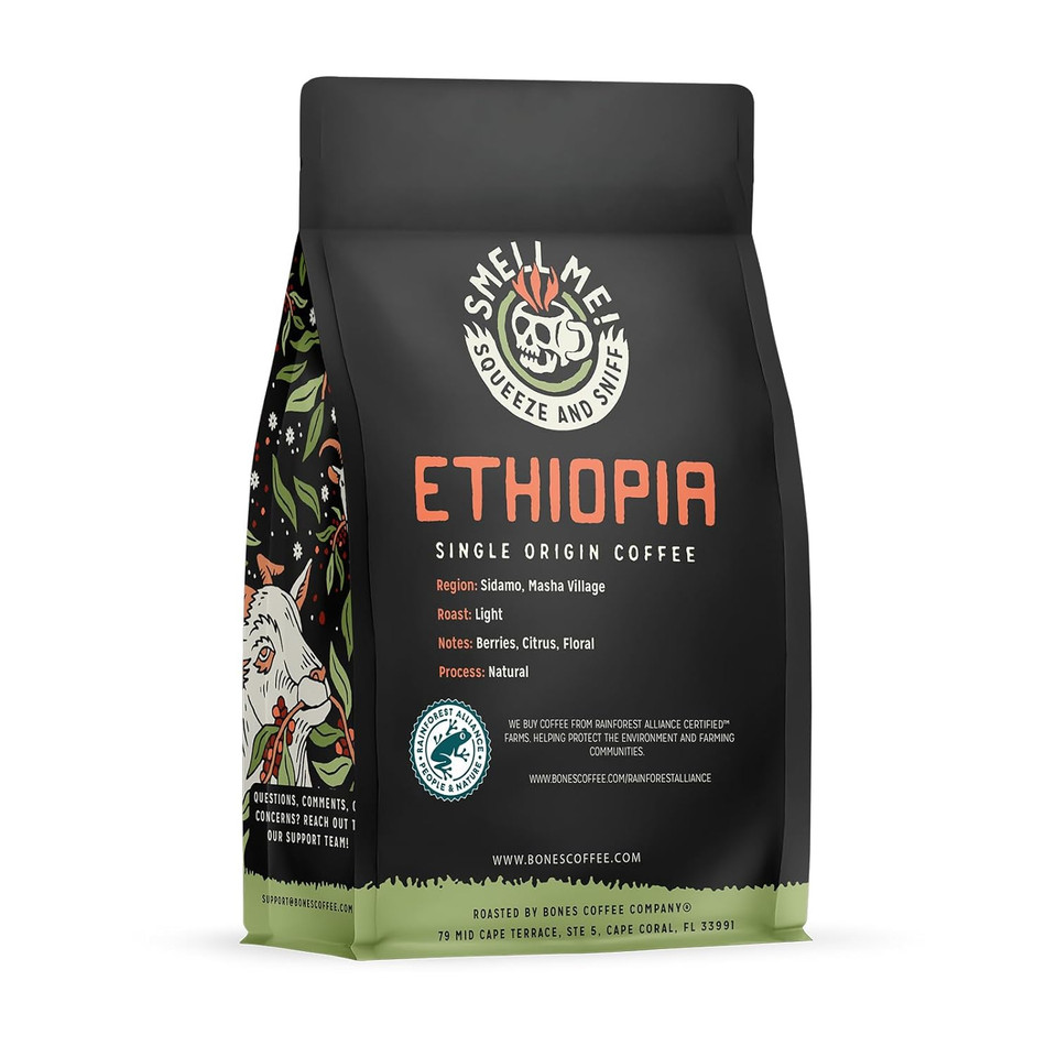 Bones Coffee Company Ethiopia Single-Origin Ground Coffee Beans | 12 Oz Light Roast Low Acid Coffee Arabica Beans | Coffee Gifts & Beverages (Ground)