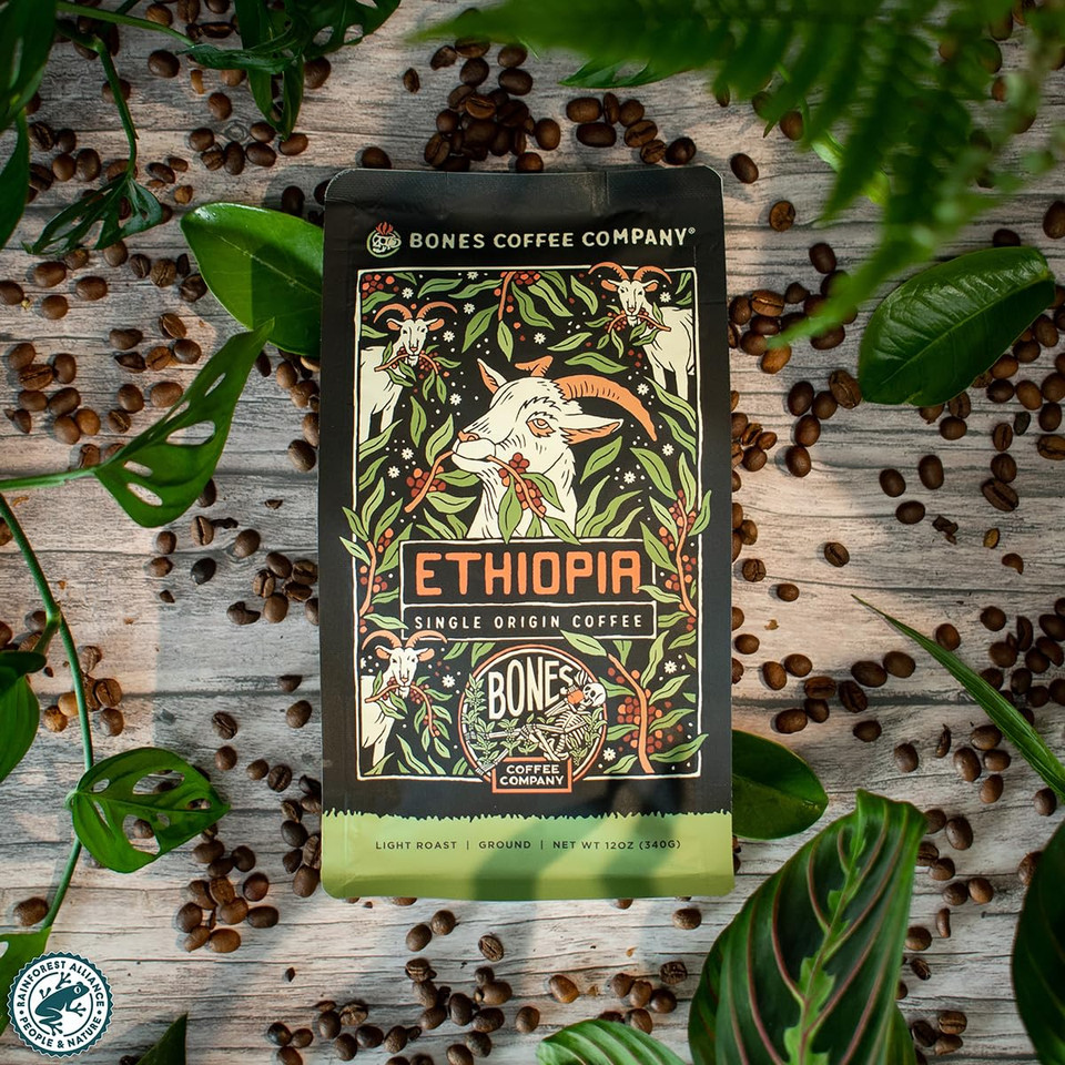 Bones Coffee Company Ethiopia Single-Origin Ground Coffee Beans | 12 Oz Light Roast Low Acid Coffee Arabica Beans | Coffee Gifts & Beverages (Ground)