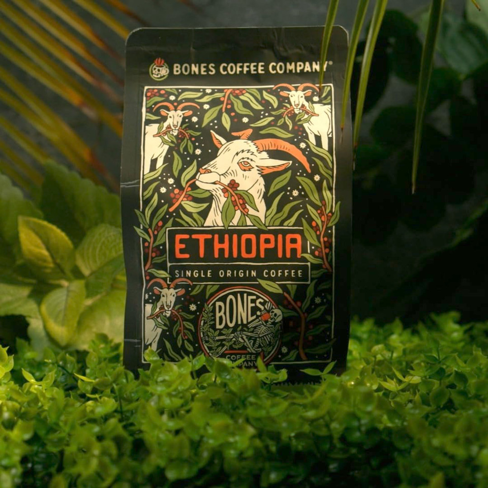 Bones Coffee Company Ethiopia Single-Origin Ground Coffee Beans | 12 Oz Light Roast Low Acid Coffee Arabica Beans | Coffee Gifts & Beverages (Ground)