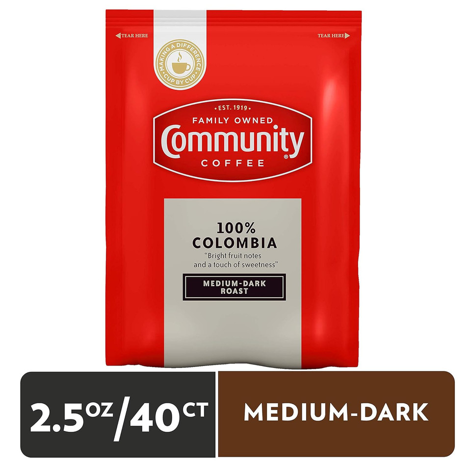 Community Coffee 100% Colombia Pre-Measured Coffee Packs, Medium Dark Roast, 2.5 Ounce Bag (Box Of 40)