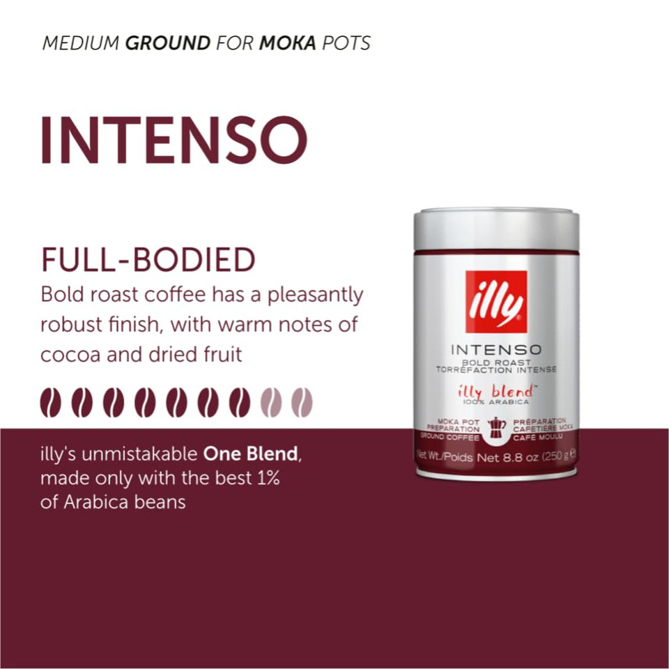 Illy Ground Coffee Moka - 100% Arabica Flavored Coffee Ground - Rich Aromatic Coffee Grounds Profile  Intenso Dark Roast  Warm Notes Of Cocoa & Dried Fruit - No Preservatives  8.8 Ounce