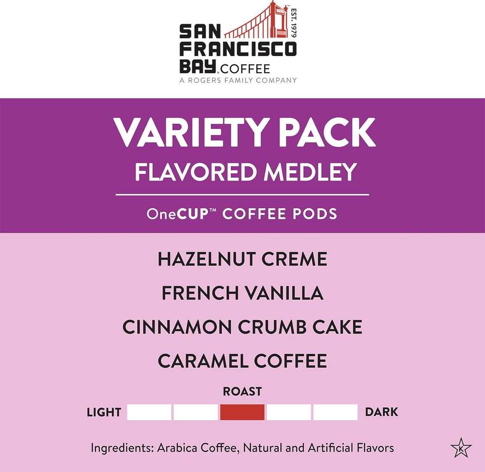 San Francisco Bay Compostable Coffee Pods - Variety Pack Flavored (40 Ct) K Cup Compatible Including Keurig 2.0, Hazelnut, Cinnamon, Caramel, Vanilla Flavored Coffee