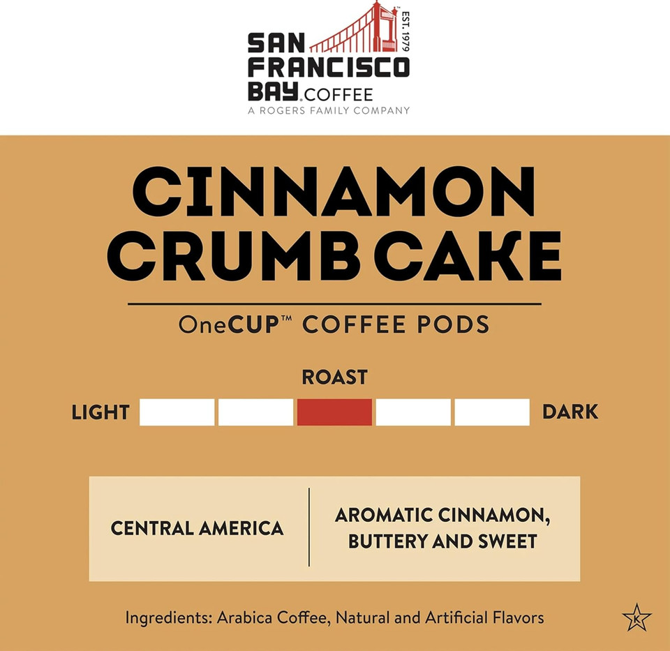 San Francisco Bay Compostable Coffee Pods - Cinnamon Crumb Cake (80 Ct) K Cup Compatible Including Keurig 2.0, Flavored, Medium Roast San Francisco Bay Compostable Coffee Pods - Cinnamon Crumb Cake (80 Ct) K Cup Compatible Including Keurig 2.0, Flavored, Medium Roast