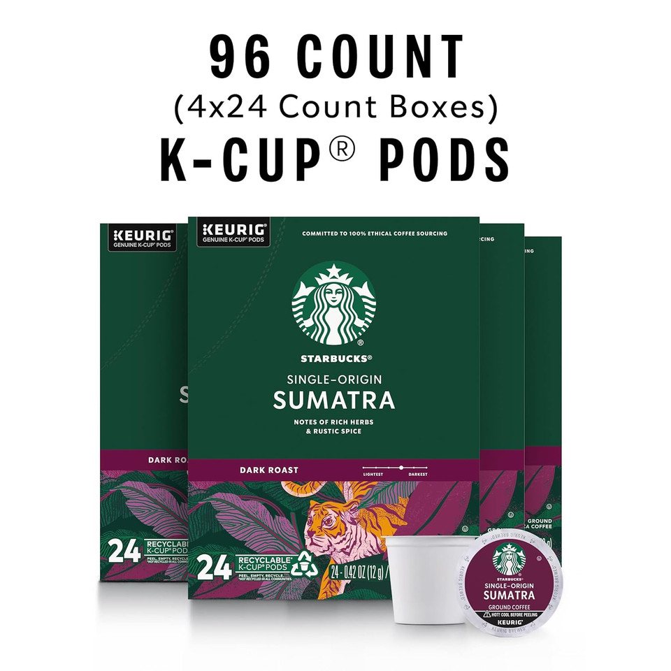 Starbucks K-Cup Coffee Podsã¢ÂDark Roast Coffeeã¢ÂSumatra For Keurig Brewersã¢Â100% Arabicaã¢Â4 Boxes (96 Pods Total)