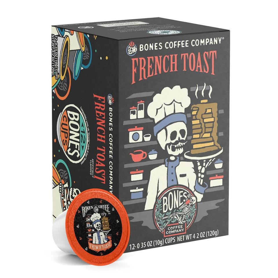 Bones Coffee Company Flavored Coffee Bones Cups French Toast | 12Ct Single-Serve Coffee Pods Compatible With 1.0 & 2.0 Keurig Coffee Maker | Sweet Buttery Flavor Aroma