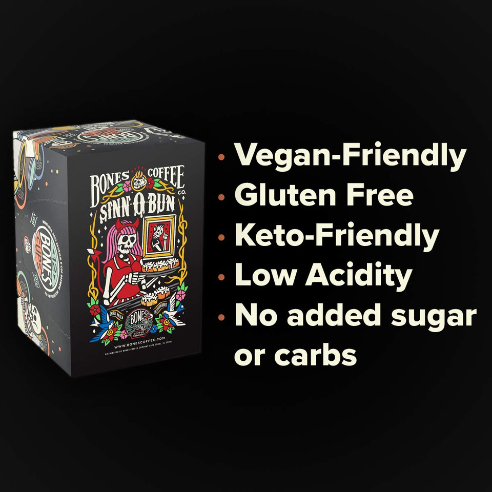 Bones Coffee Company Flavored Coffee Bones Cups Sinn-O-Bunn Cinnamon Bun Flavor | 12Ct Single-Serve Coffee Pods Compatible With Keurig 1.0 & 2.0 Keurig Coffee Maker
