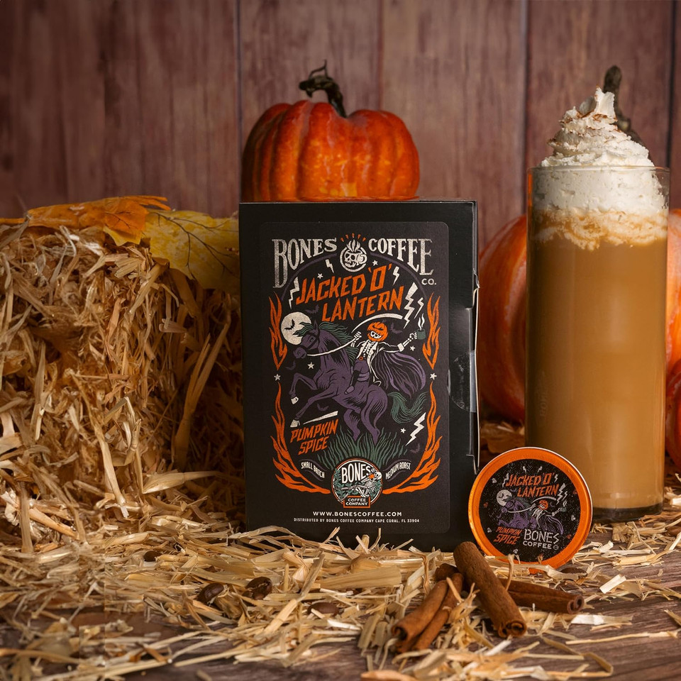 Bones Coffee Company Flavored Coffee Bones Cups Jacked 'O' Lantern Pumpkin Spice Coffee | 12Ct Single-Serve Coffee Pods Compatible With Keurig 1.0 & 2.0 Keurig Coffee Maker