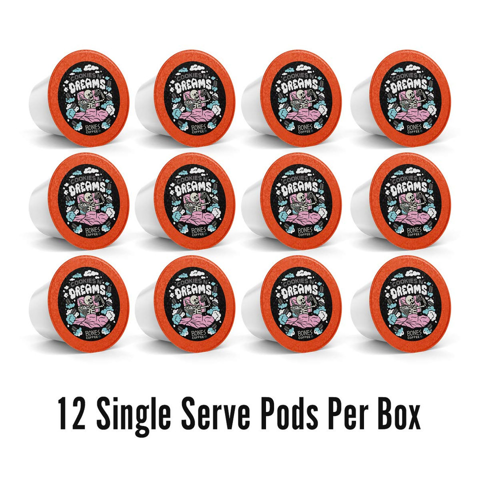 Bones Coffee Company Flavored Coffee Bones Cups Cookies 'N Dreams | 12Ct Single-Serve Coffee Pods Compatible With 1.0 & 2.0 Keurig Coffee Maker | Chocolate Cookie & Vanilla Ice Cream Coffee Flavor
