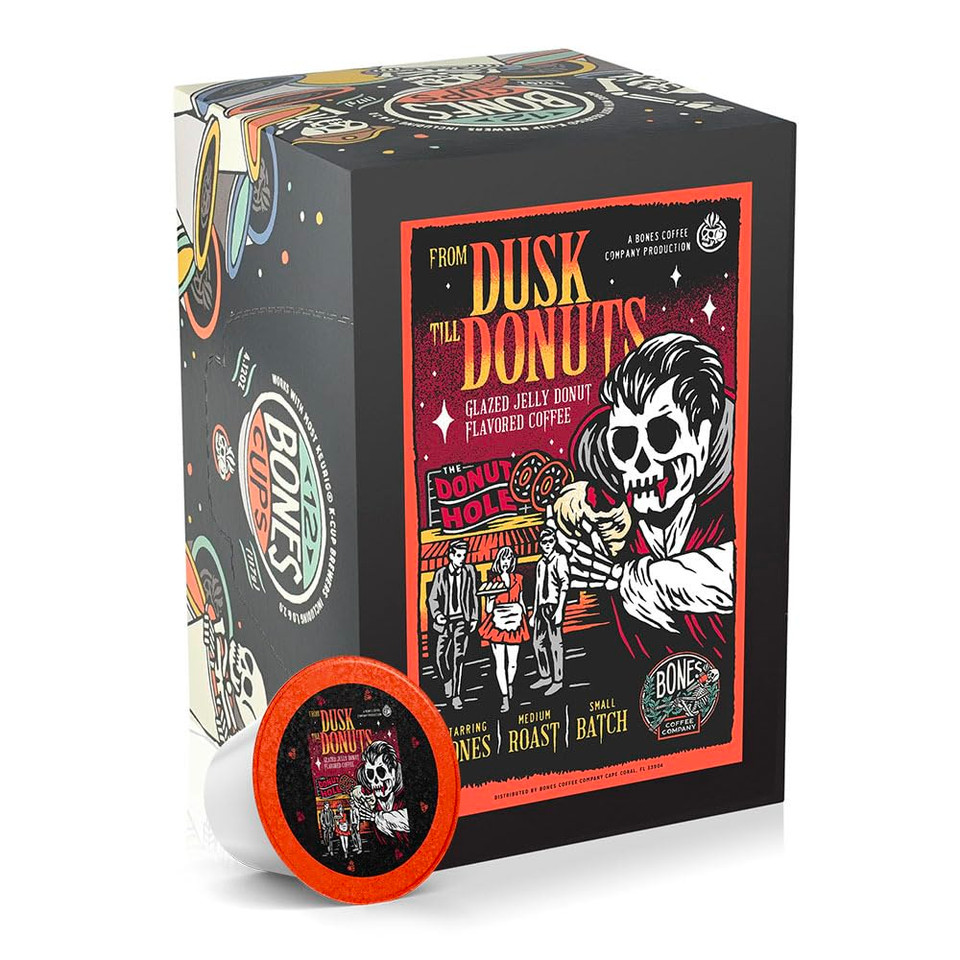 Bones Coffee Company Flavored Coffee Bones Cups From Dusk Till Donuts Flavored Pods | 12Ct Single-Serve Coffee Pods Compatible With Keurig 1.0 & 2.0 Keurig Coffee Maker