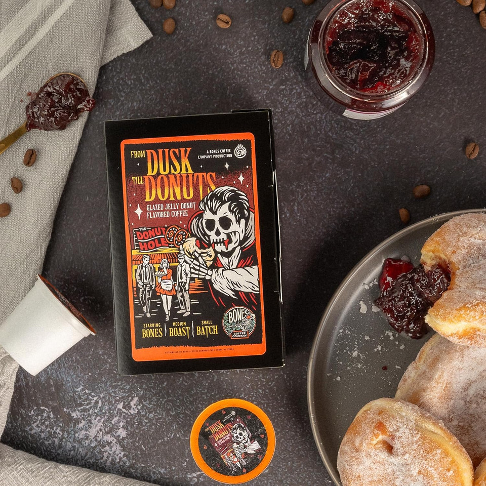 Bones Coffee Company Flavored Coffee Bones Cups From Dusk Till Donuts Flavored Pods | 12Ct Single-Serve Coffee Pods Compatible With Keurig 1.0 & 2.0 Keurig Coffee Maker