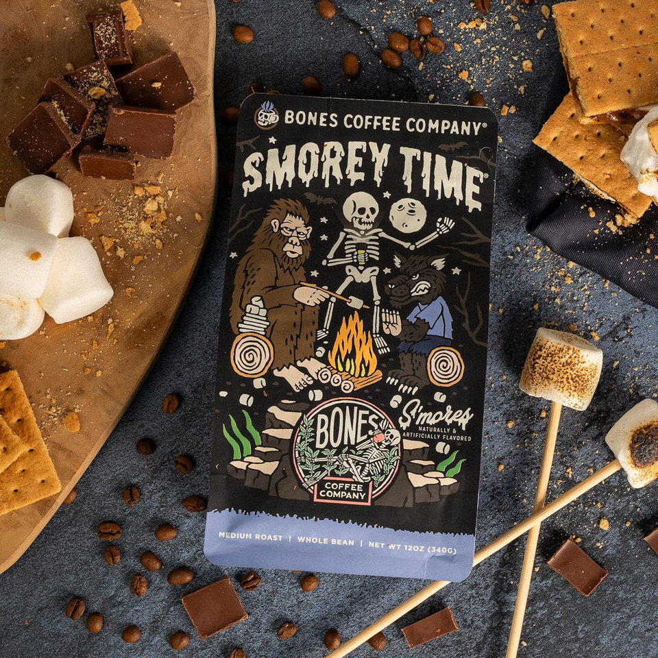 Bones Coffee Company S'Morey Time Ground Coffee Beans S'Mores And Graham Crackers Flavor | 12 Oz Medium Roast Low Acid Coffee | Flavored Coffee Gifts & Beverages (Whole Bean)