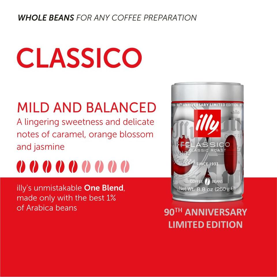 Illy Classico Whole Bean Coffee Medium Roast 90Th Anniversay Edition, 8.8 Ounce Can (Pack Of 1)