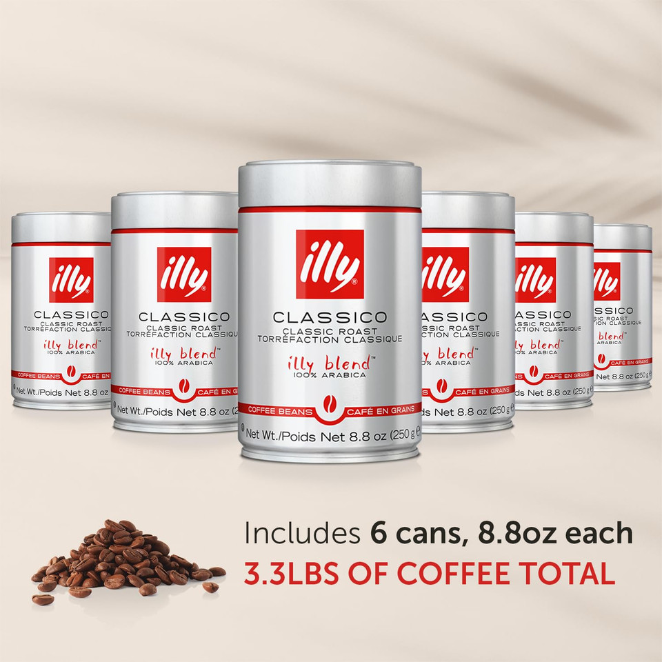 Illy Whole Bean Coffee - Perfectly Roasted Whole Coffee Beans  Classico Medium Roast - With Notes Of Caramel, Orange Blossom & Jasmine - 100% Arabica Coffee - No Preservatives  8.8 Ounce, 6 Pack
