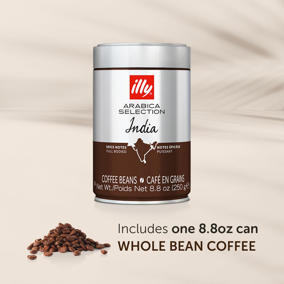 Illy Whole Bean Coffee - Perfectly Roasted Whole Coffee Beans  India Dark Roast - With Notes Of Black Pepper & Extra-Dark Chocolate  Full-Bodied - 100% Arabica Coffee - No Preservatives  8.8 Ounce