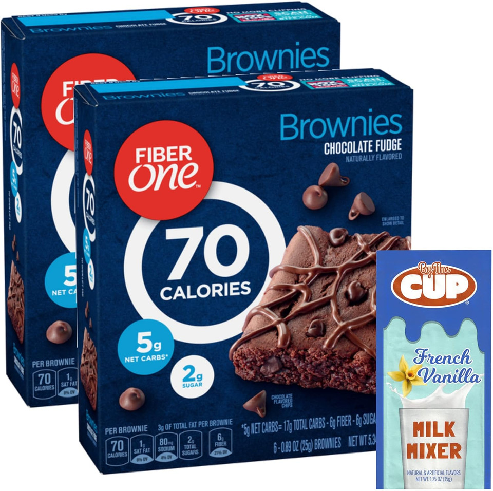 Fiber One Chocolate Fudge Brownies, 6 Count Box (Pack Of 2) With By The Cup French Vanilla Milk Mixer