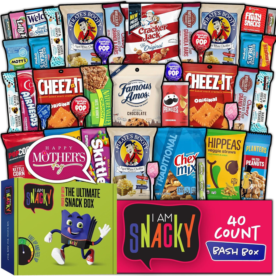 I Am Snacky - Mothers Day Snack Box Variety Pack Care Package + Greeting Card - Snacky'S Bash Box (40 Count) Sweet Treats Gift Basket, Candies Chips Assortment