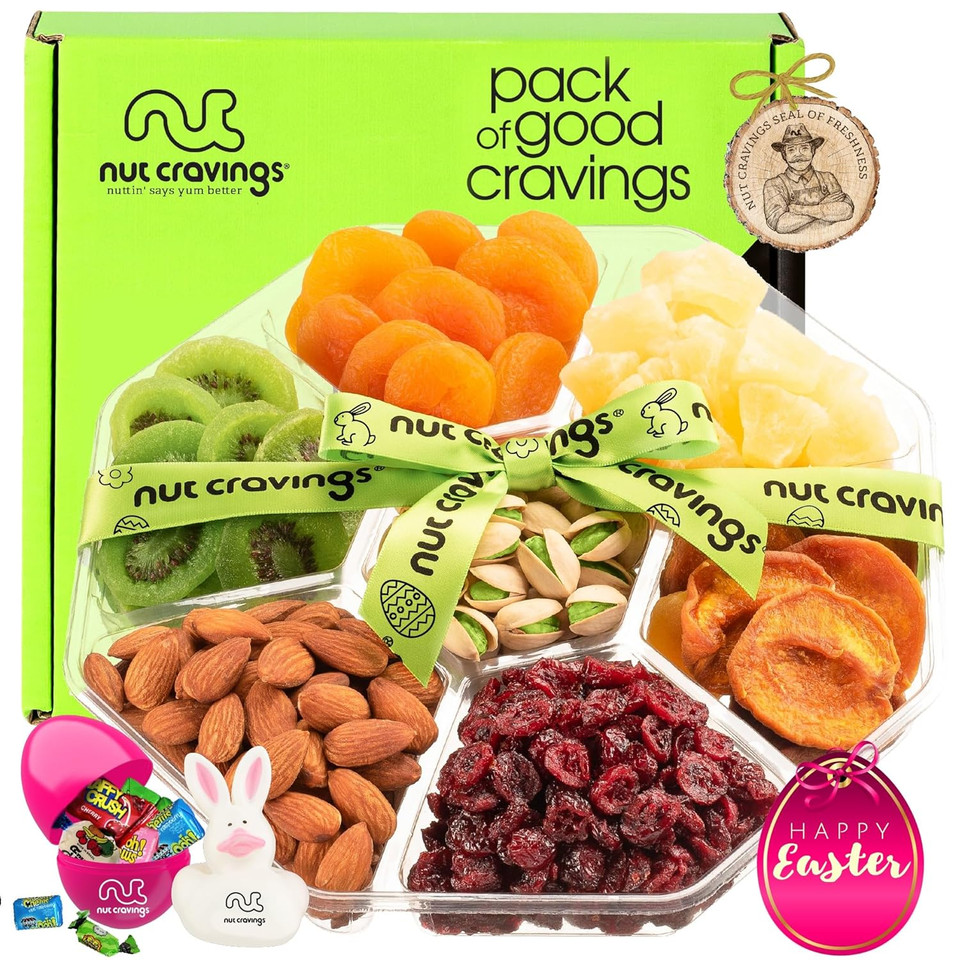 Nut Cravings Gourmet Collection - Easter Dried Fruit Nuts & Candies Gift Basket With Happy Easter Ribbon (7 Piece Assortment) Candy Filled Egg + Bunny Stuffer - Healthy Kosher