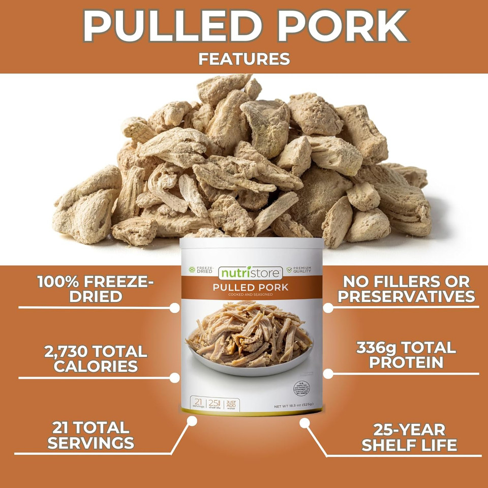 Nutristore Freeze Dried Pulled Pork | Pre-Cooked Shelf Stable Meat For Survival Emergency Food Supply, Meal Prep, And Backpacking/Camping | Made In Usa | 25 Year Shelf Life | #10 Can, 18.5 Oz