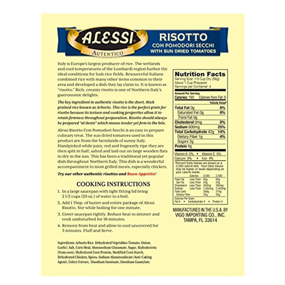 Alessi Autentico, Premium Seasoned Risotto, Italian Arborio Rice, Easy To Prepare, 8Oz (Sun Dried Tomato, Pack Of 6)