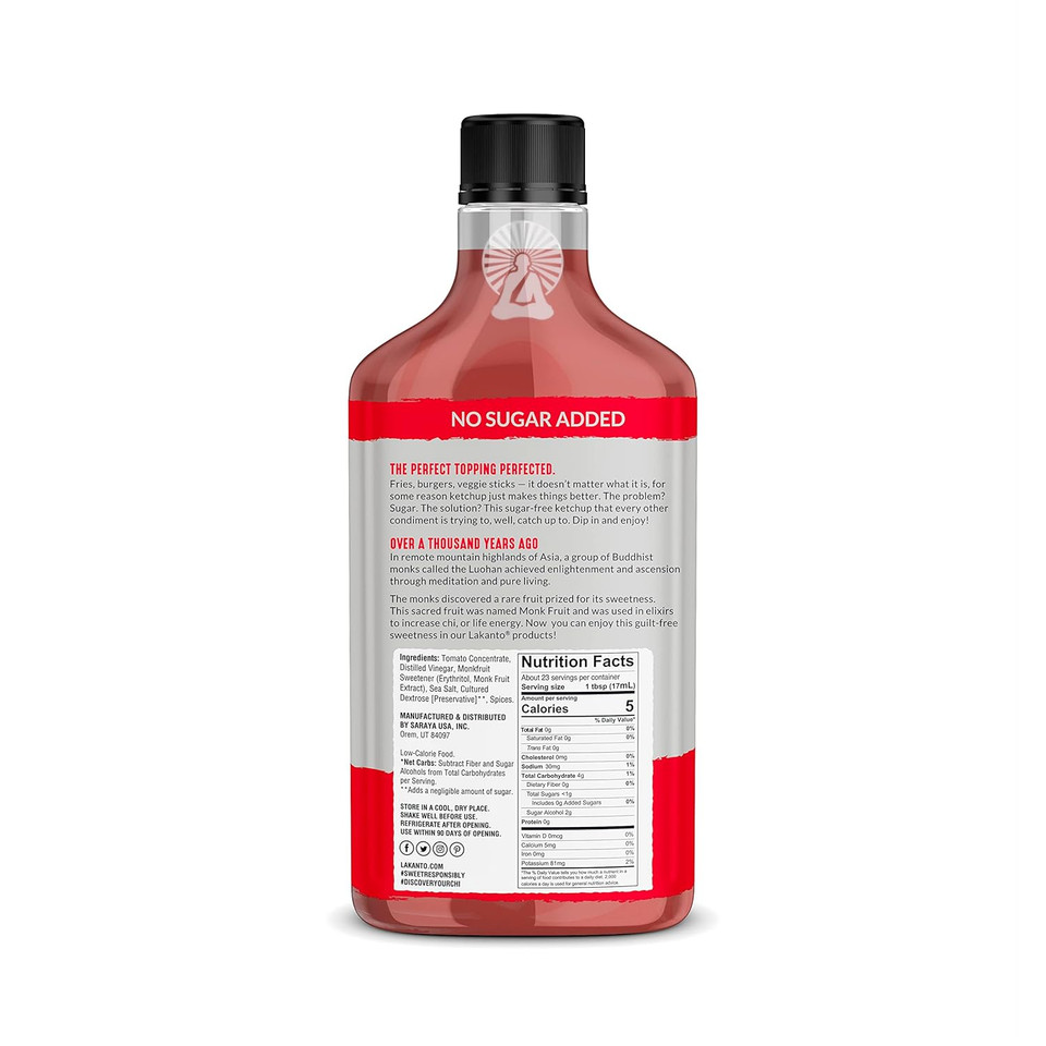 Lakanto Sugar Free Ketchup - Sweetened With Monk Fruit Sweetener, Perfect For Burgers, French Fries, Keto, Paleo, & Vegan Friendly, Gluten Free, Low Carb Condiment (13 Fl Oz)