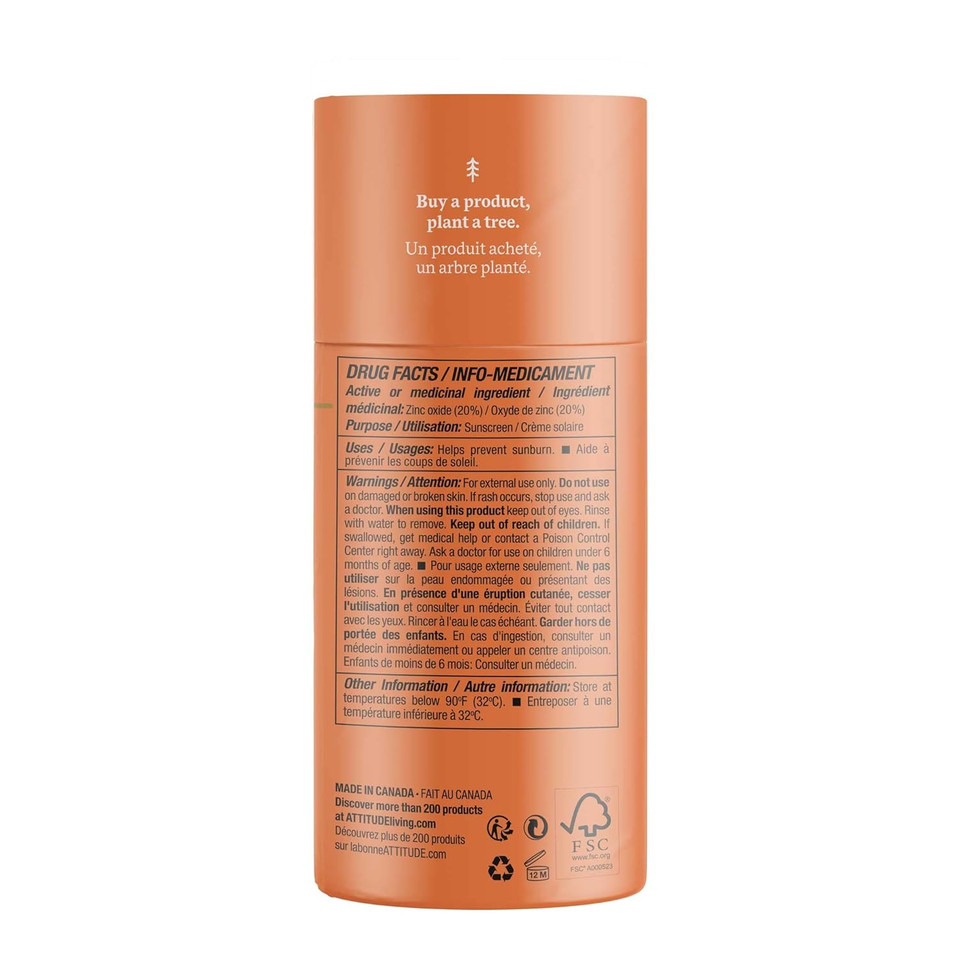 Attitude Sunscreen Stick, Broad Spectrum Uva/Uvb, Plant And Mineral-Based Formula, Vegan And Cruelty-Free Sun Care Products, Body, Spf 30, Orange Blossom, 3 Ounces