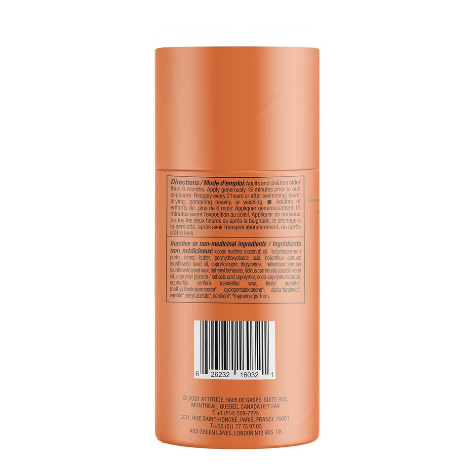 Attitude Sunscreen Stick, Broad Spectrum Uva/Uvb, Plant And Mineral-Based Formula, Vegan And Cruelty-Free Sun Care Products, Body, Spf 30, Orange Blossom, 3 Ounces