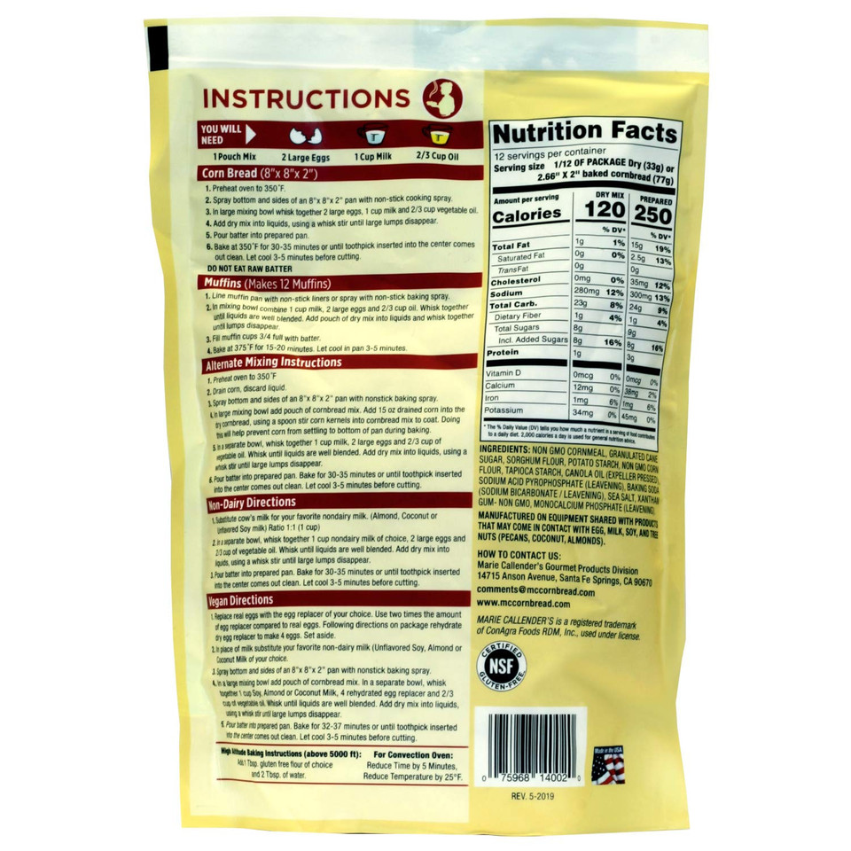 Marie Callenderã¢ÂS Cornbread Mix, Gluten Free, 14Oz Bag. Add Eggs, Milk, Oil. Then Mix And Bake. Makes 8ÃÂ Loaf (Pack Of 2)