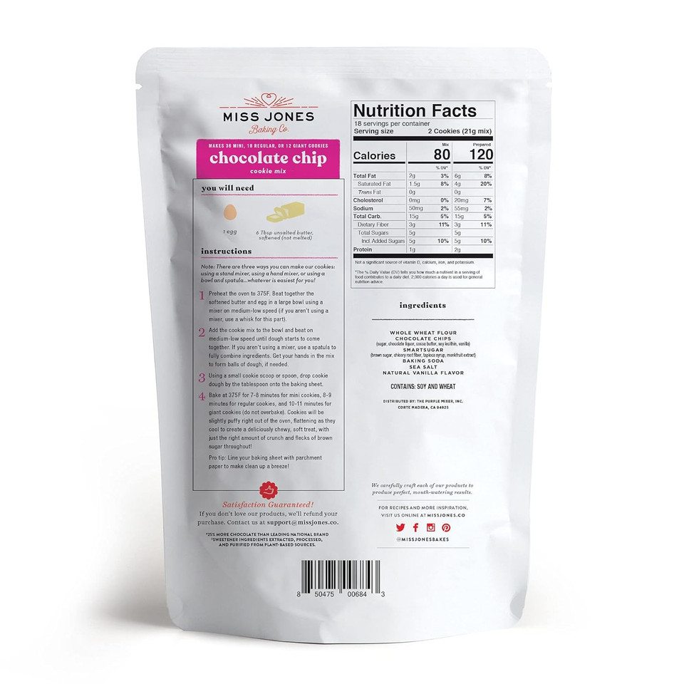 Miss Jones Baking Chocolate Chip Cookie Mix - Whole Grains, More Chocolate Chips, 50% Lower Sugar, Naturally Sweetened Desserts & Treats, 13 Ounce(Pack Of 6)