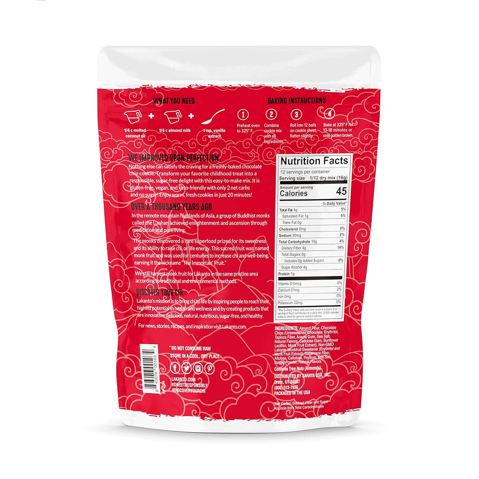 Lakanto Sugar Free Chocolate Chip Cookie Mix - Sweetened With Monk Fruit Sweetener, Gluten Free, Keto Diet Friendly, Vegan, 2G Net Carb, Almond Flour, Sea Salt (12 Cookies)