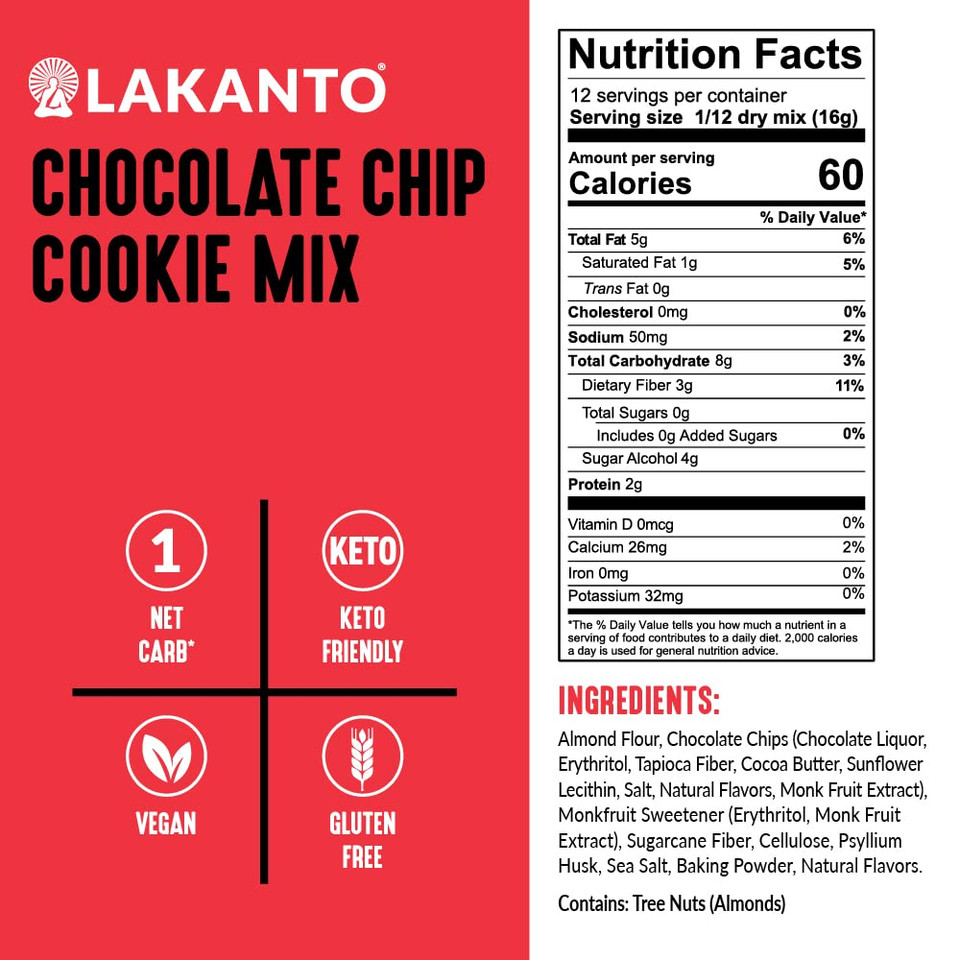 Lakanto Sugar Free Chocolate Chip Cookie Mix - Sweetened With Monk Fruit Sweetener, Gluten Free, Keto Diet Friendly, Vegan, 2G Net Carb, Almond Flour, Sea Salt (12 Cookies)