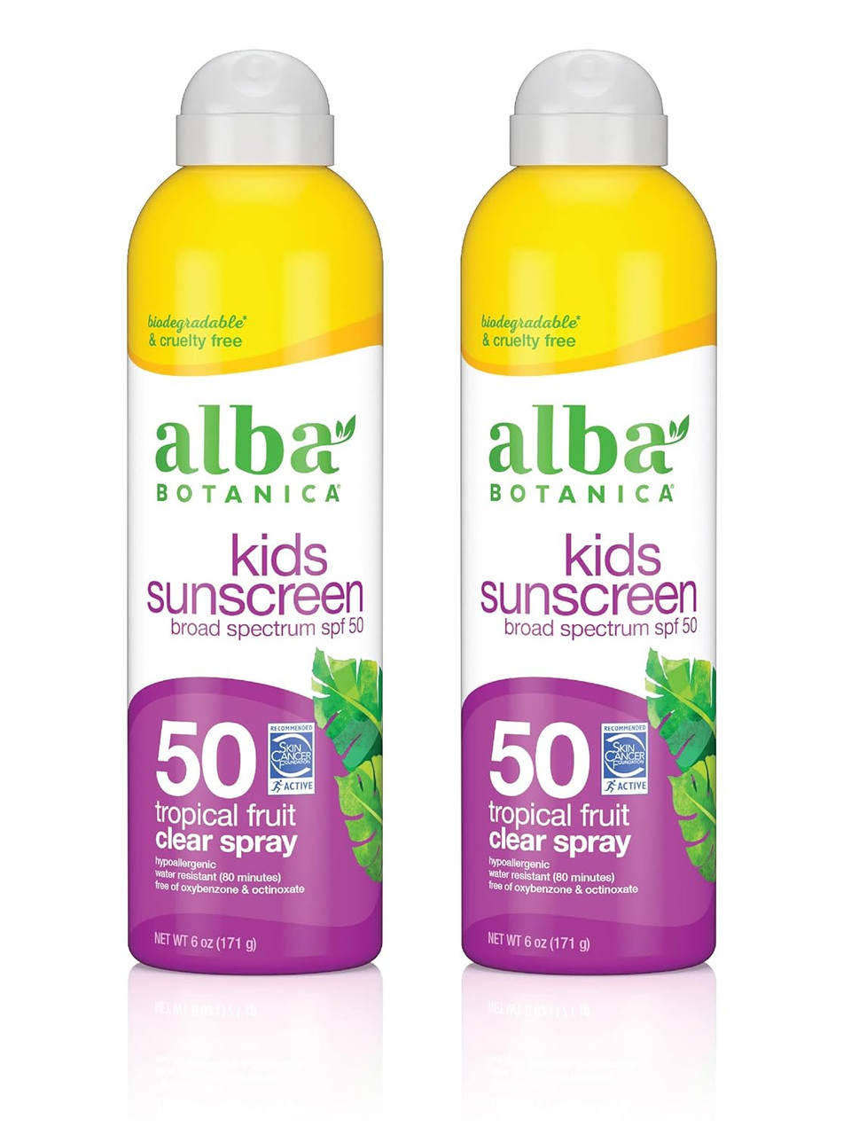 Alba Botanica Kids Sunscreen For Face And Body, Tropical Fruit Sunscreen Spray For Kids, Broad Spectrum Spf 50, Water Resistant And Hypoallergenic, 6 Fl. Oz. Bottle (Pack Of 2)