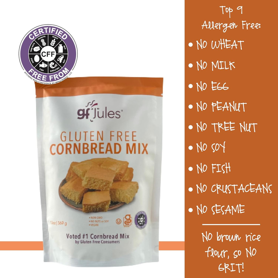 Gfjules Certified Gluten Free Cornbread Baking Mix | No Grit, Non-Gmo, Vegan, Kosher & Top 9 Allergen Free | 13 Ounces