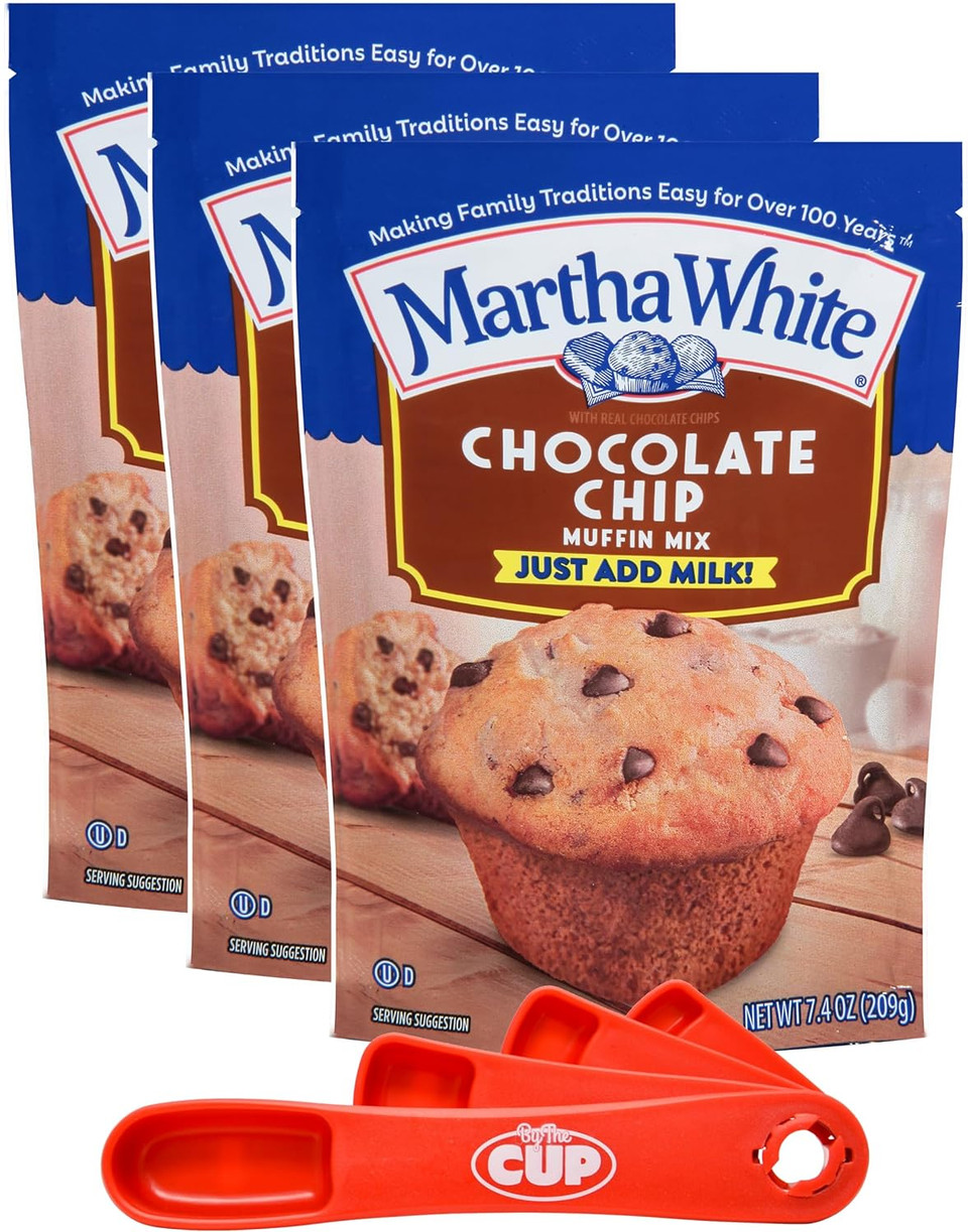 Martha White Chocolate Chip Muffin Mix, 7.4 Oz (Pack Of 3) With By The Cup Swivel Spoons