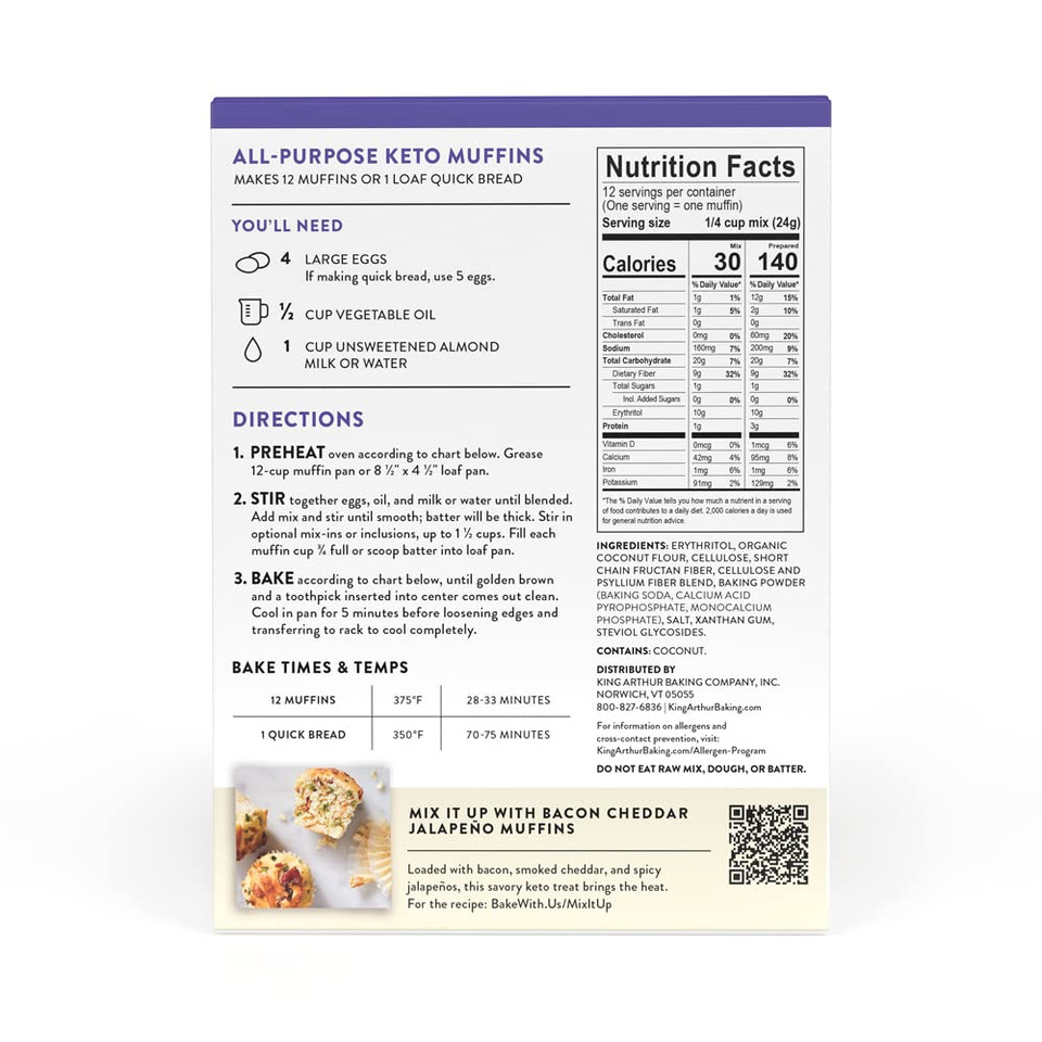 King Arthur Baking Keto Muffin Mix, All Purpose, 1G Net Carbs 0G Added Sugar Per Serving, Low Carb & Keto Friendly, 10 Oz, White
