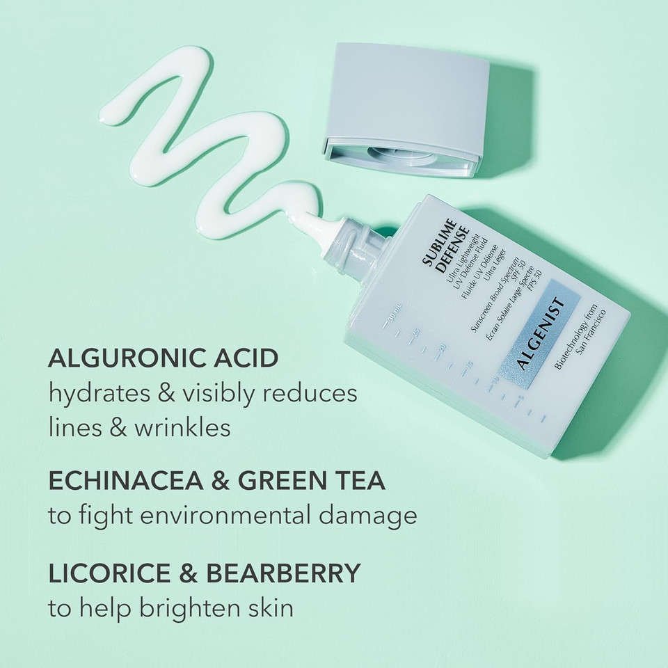 Algenist Sublime Defense Ultra Lightweight Uv Defense Fluid Spf50 - Sheer, Oil-Free Face Sunscreen With Vitamin E, Echinacea & Green Tea - Non-Comedogenic & Hypoallergenic Skincare (30Ml / 1Oz)
