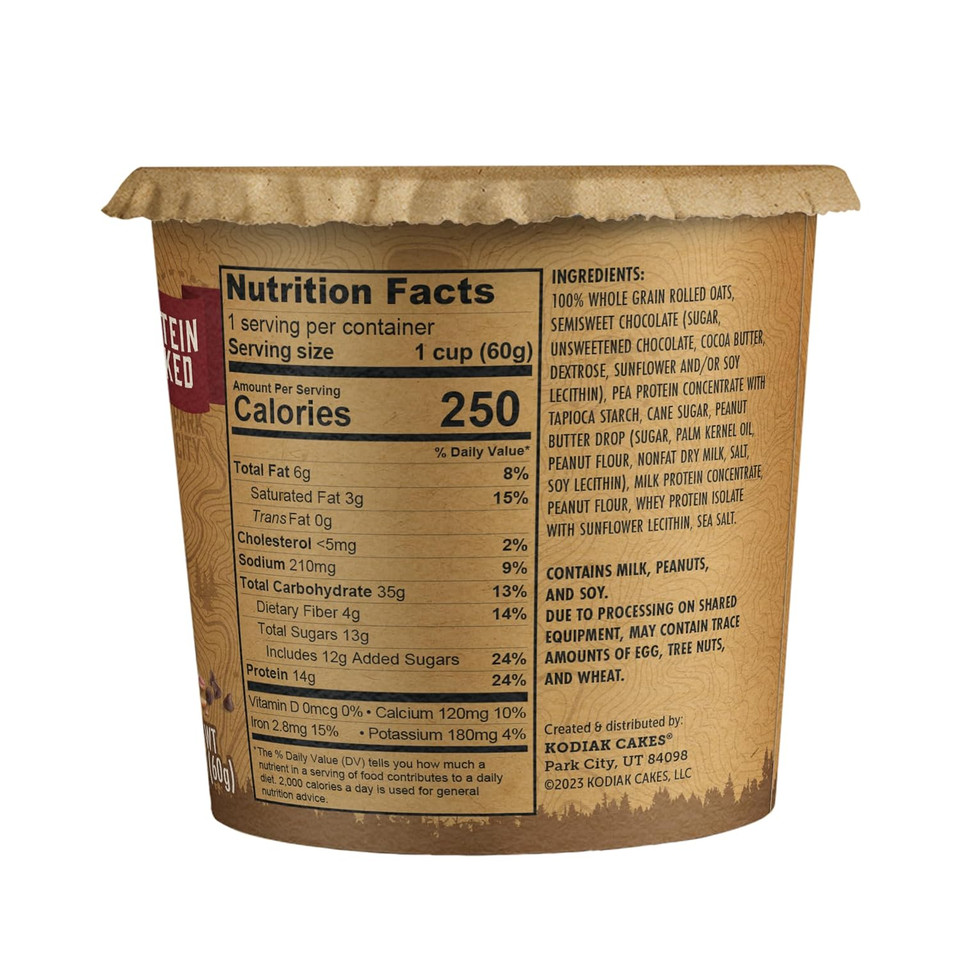 Kodiak Cakes Instant Oatmeal Cups, Peanut Butter Chocolate Chip, High Protein, 100% Whole Grains, (12 Cups)